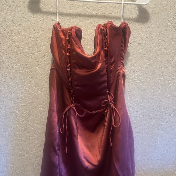 Enticing Aesthetic Rusty Rose Satin Laceup Strapless Mini Dress - Picture 6 of 10